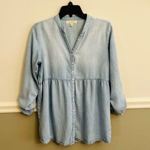 Side Stitch Soft Touch Tencera Denim Blue Button Front Peplum Tunic Petite XS